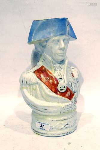 19th century Staffordshire pottery jug of Nelson(?) in uniform with 