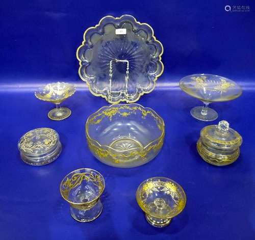 Three gilt glass comports with floral swag and fern decoration, two covered powder bowls, a fruit