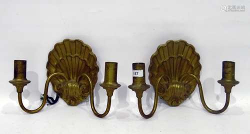 Pair of gilded brass two-light wall brackets, each having scroll branch and applied to