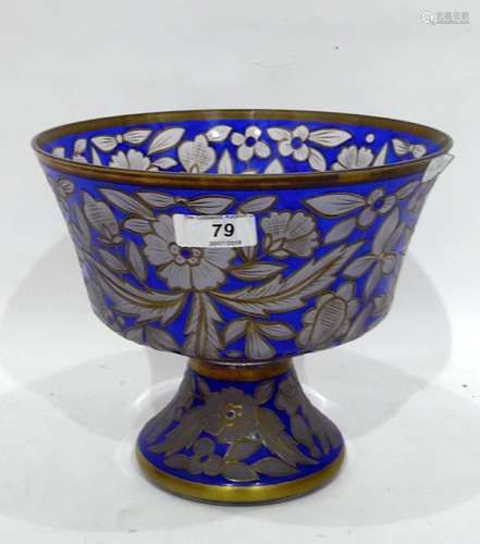 Blue and gilt painted glass pedestal bowl opaque floral and floral decoration on a blue ground