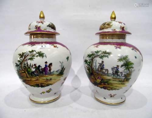 Pair of Dresden porcelain baluster vases and domed covers, circa 1900, blue conjoined AR