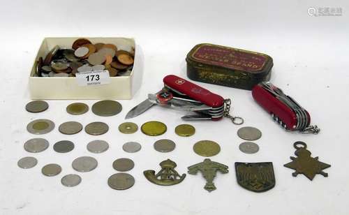 Third Reich German badge with swastika and eagle, two cap badges, pendant, sundry coins and two