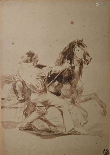 Pen and wash drawing unattributed with monogram, man restraining horse 25 x 17cm Condition