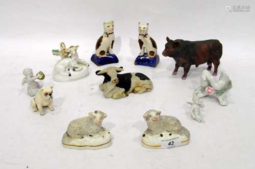 Pair Staffordshire pottery model sheep, Beswick model bulldog in white, 19th century porcelain sheep