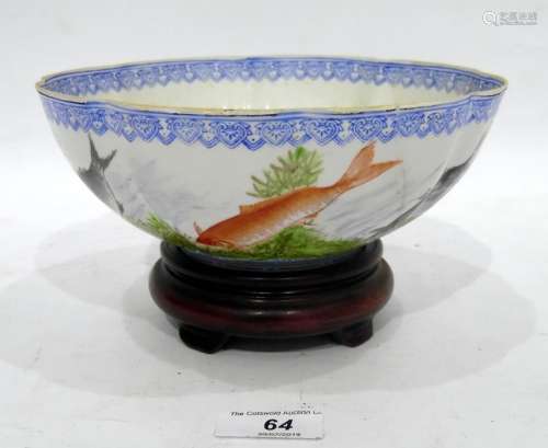 20th century Oriental fine porcelain bowl, lobed, painted with fish and character marks, blue dragon