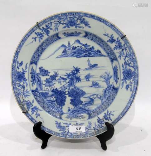 Chinese blue and white porcelain plate painted with river landscape floral border with chips to