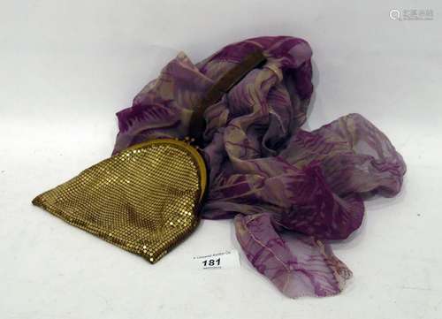 Early 20th Century gold lame evening purse and a vintage chiffon evening shoulder cape with ruched