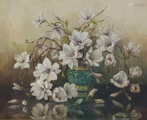 Oil on canvas Marion L Broom Magnolias in vase 63 x 75cm approx