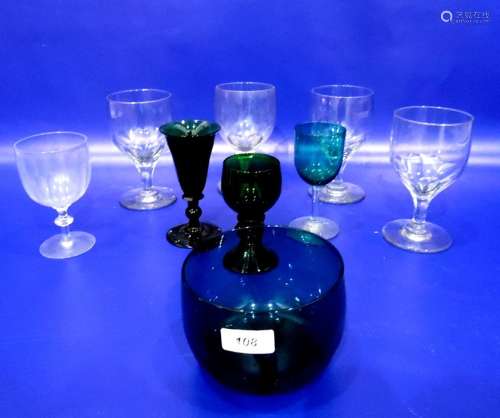 Green glass fingerbowl, four various cut glass rummers, another cut wine and three green glass wines