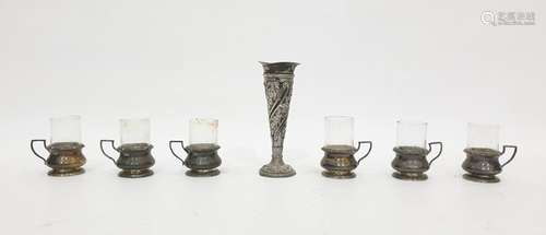 Small Birmingham silver stem vase, the body decorated with floral sprays and a set of six silver and