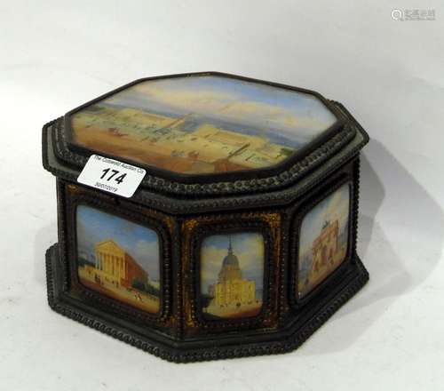 Early 19th century Grand Tour miniature and metal casket, octagonal inset with miniatures