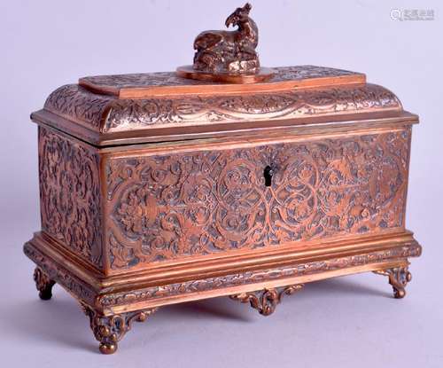 A MID 19TH CENTURY CONTINENTAL ENGRAVED COPPER CASKET