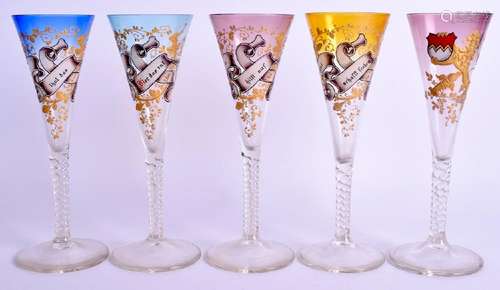 A SET OF FIVE ANTIQUE ENAMELLED LOBMEYR DRINKING