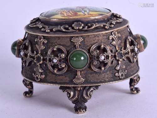 AN ANTIQUE CONTINENTAL SILVER ENAMEL AND JADE BOX AND