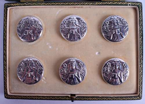 A LOVELY SET OF ART NOUVEAU SILVER BUTTONS decorated