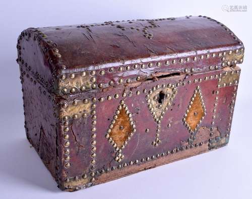 A LARGE 18TH CENTURY LEATHER AND BRASS STUD WORK CASKET