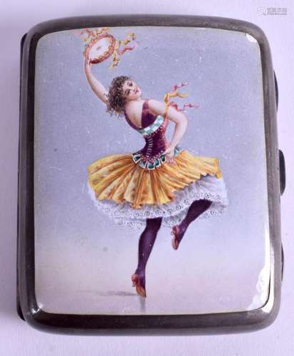 A VICTORIAN SILVER AND ENAMEL CIGARETTE CASE painted