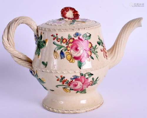 AN UNUSUAL 18TH CENTURY LEEDS CREAMWARE POTTERY TEAPOT