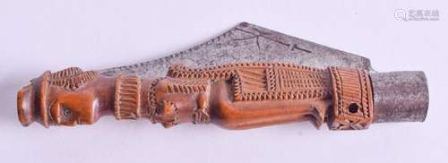 A RARE 19TH CENTURY CARVED TREEN FOLDING STEEL KNIFE of