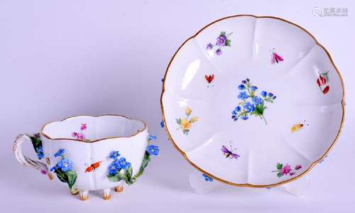 A MEISSEN ENCRUSTED PORCELAIN CUP AND SAUCER encrusted