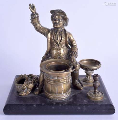 A 19TH CONTINENTAL BRONZE DESK INKWELL modelled in a