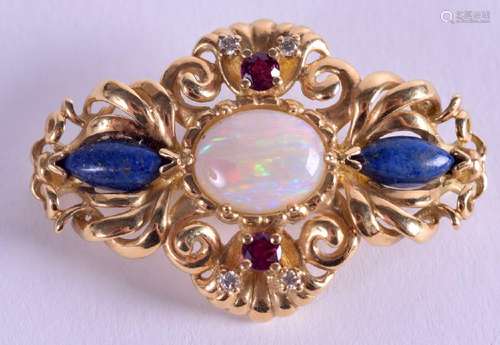 A GOOD 18CT GOLD OPAL DIAMOND AND RUBY BROOCH. 9.6