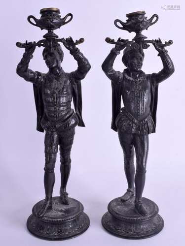 A PAIR OF VICTORIAN SPELTER FIGURAL CANDLESTICKS. 38 cm