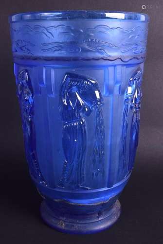 A STYLISH CZECH ART DECO BLUE GLASS VASE decorated with