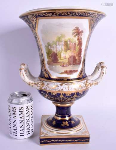 AN EARLY 19TH CENTURY DERBY TWIN HANDLED CAMPAGNA URN