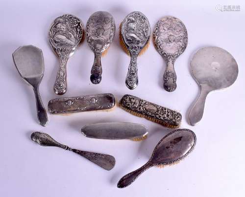 A GROUP OF SOLID SILVER BACK BRUSH AND MIRRORS, varying