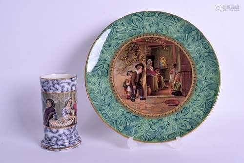 AN ANTIQUE PRATTWARE IMITATION MALACHITE PLATE together