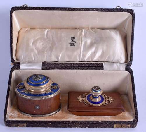 AN UNUSUAL CONTINENTAL SILVER AND ENAMEL DESK SET