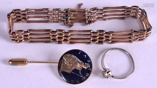 A 9CT GOLD BRACELET, together with an stick pin.