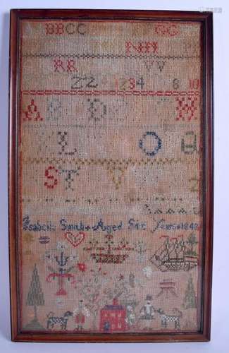 A MID 19TH CENTURY FRAMED EMBROIDERED SAMPLER by