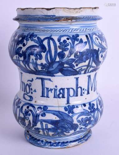 AN 18TH CENTURY CONTINENTAL FAIENCE TIN GLAZED DRUG JAR