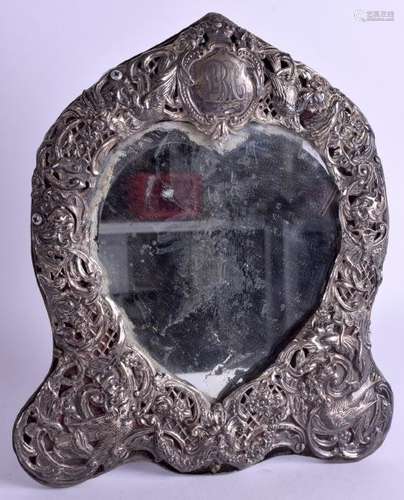 A VICTORIAN SOLID SILVER HEART SHAPED MIRROR, decorated