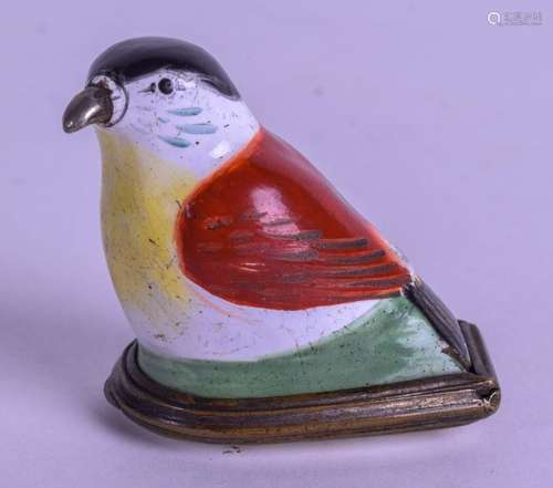 AN 18TH CENTURY BATTERSEA BILSTONE ENAMEL BIRD PILL