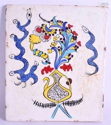 A TURKISH PAINTED KUTAHYA FAIENCE TILE. 27 cm x 21 cm.