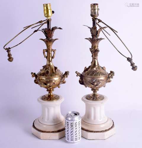 A PAIR OF 19TH CENTURY MARBLE AND BRONZE LAMPS. 46 cm