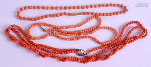 THREE ANTIQUE CORAL NECKLACES, one formed with pearl