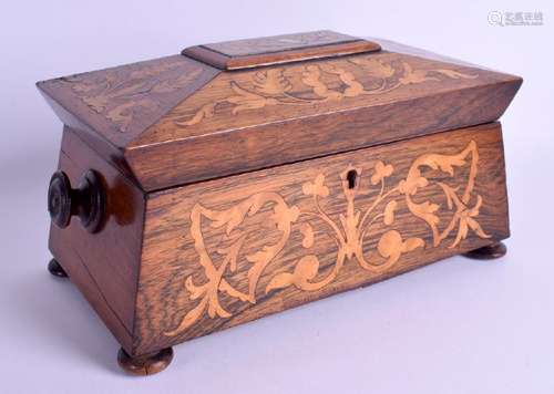 A VICTORIAN ROSEWOOD INLAID TWO DIVISION TEA CADDY. 25