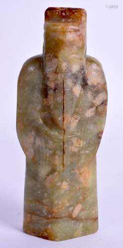 AN EARLY CHINESE CARVED GREEN RIVER JADE FIGURE OF AN