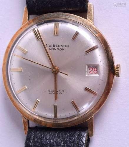 A 9CT GOLD J W BENSON WRIST WATCH. 3 cm wide.