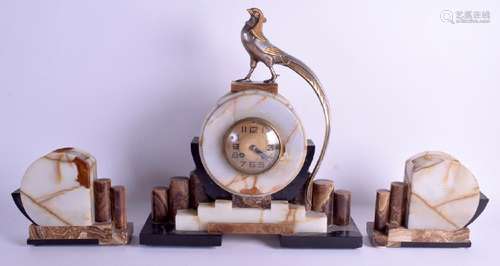 A LARGE FRENCH ART DECO MARBLE CLOCK GARNITURE. Mantel