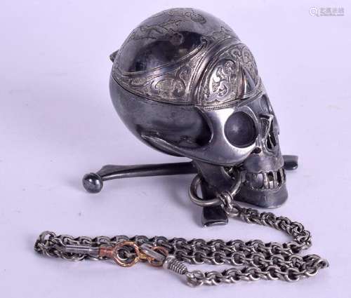 A RARE 19TH CENTURY FRENCH SILVER SKULL NOVELTY CLOCK