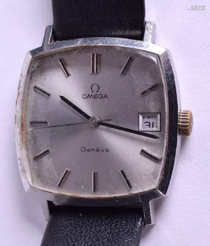 AN OMEGA STAINLESS STEEL WRIST WATCH. 3 cm wide.