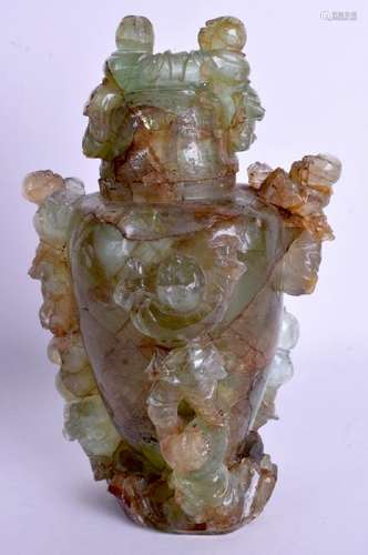 A 19TH CENTURY CHINESE CARVED FLUORITE VASE AND COVER