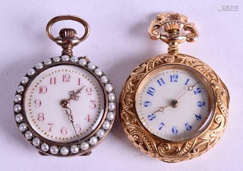 AN ANTIQUE GOLD FOB WATCH and an unusual seed pearl fob