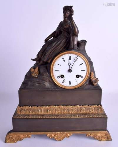 A 19TH CENTURY FRENCH BRONZE MANTEL CLOCK modelled with