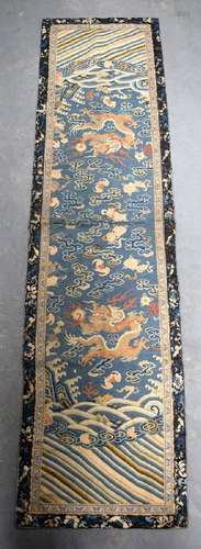 A GOOD 18TH CENTURY CHINESE BLUE SILK WORK DRAGON PANEL